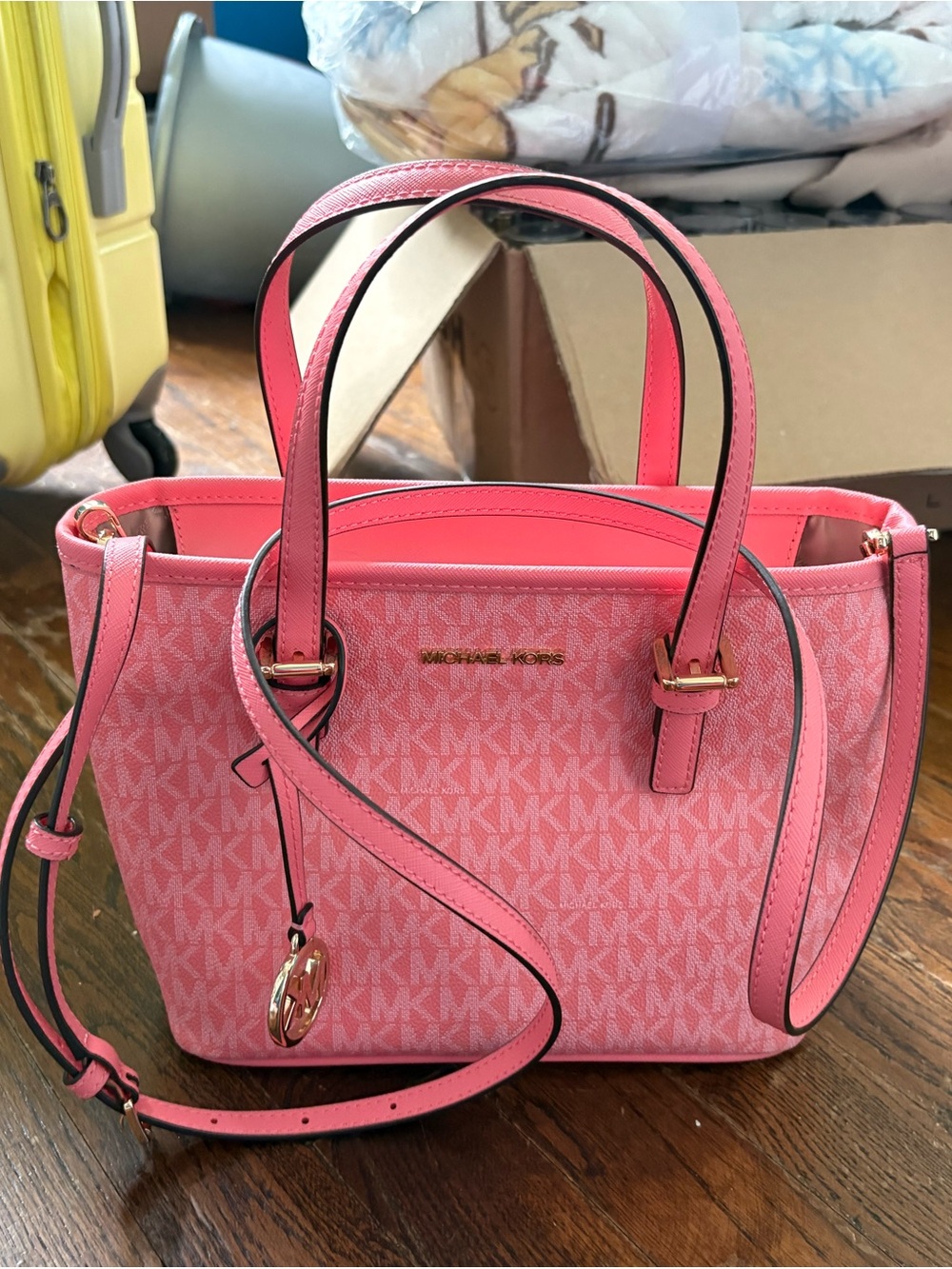 Michael Kors Pink Logo Satchel with Gold Hardware